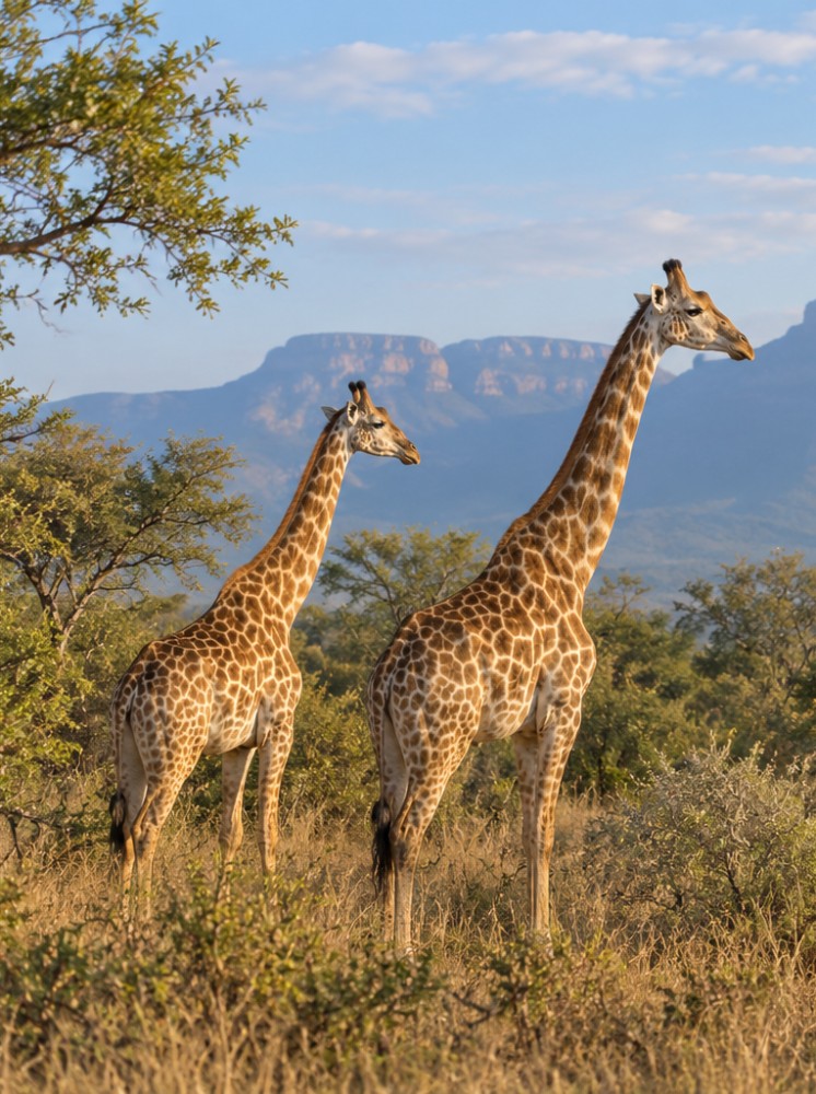 Giraffes in the Hoedspruit bush with the escarpment behind.