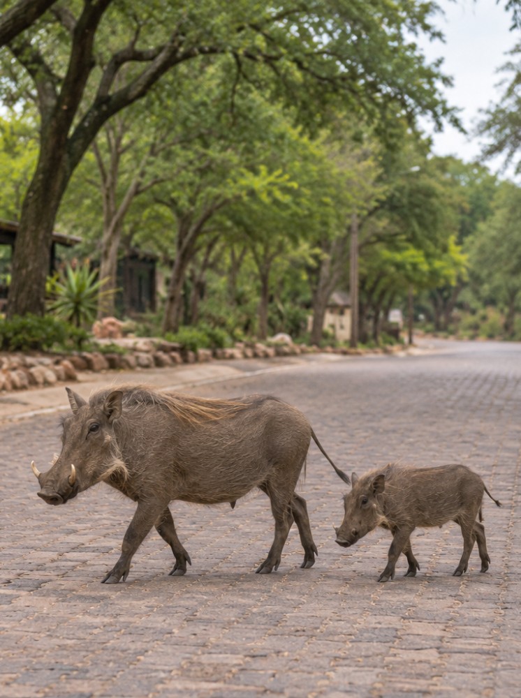 Warthog family crossing a quiet Hoedspruit street.